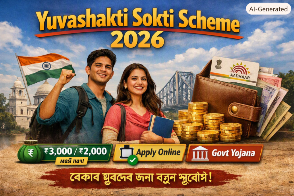 Yuvashakti Sokti Scheme 2026 thumbnail showing West Bengal youth, Indian flag, Howrah Bridge, and DBT benefits for unemployed graduates and non‑graduates.